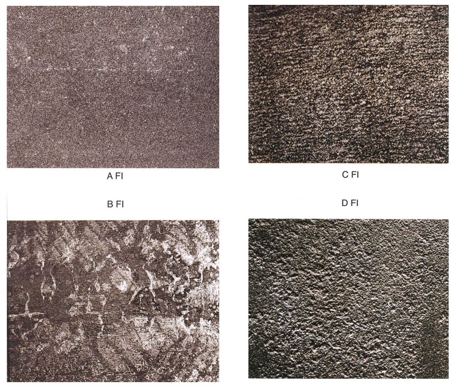 When viewed without magnification, the surface shall be free from mill scale, rust, paint coatings and foreign matter. Any remaining residues shall show only as a discoloration of the surface (shades of different colours). See photographs A FI, B FI, C FI and D F